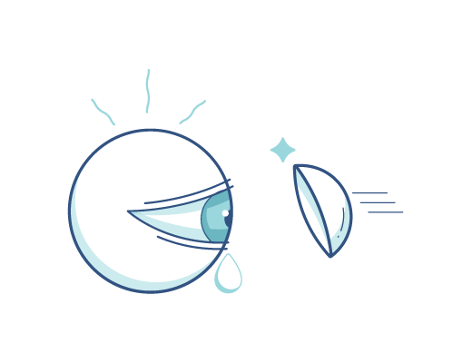 Un globe oculaire plissé et pleurant à l'approche d’une lentille de contact.